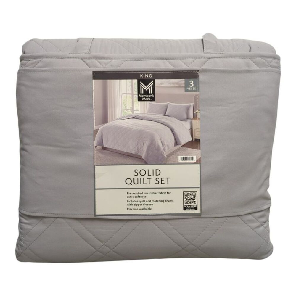 Member’s Mark Solid Diamond Quilt & Pillow Sham Set, 3-Piece, King - Silver
